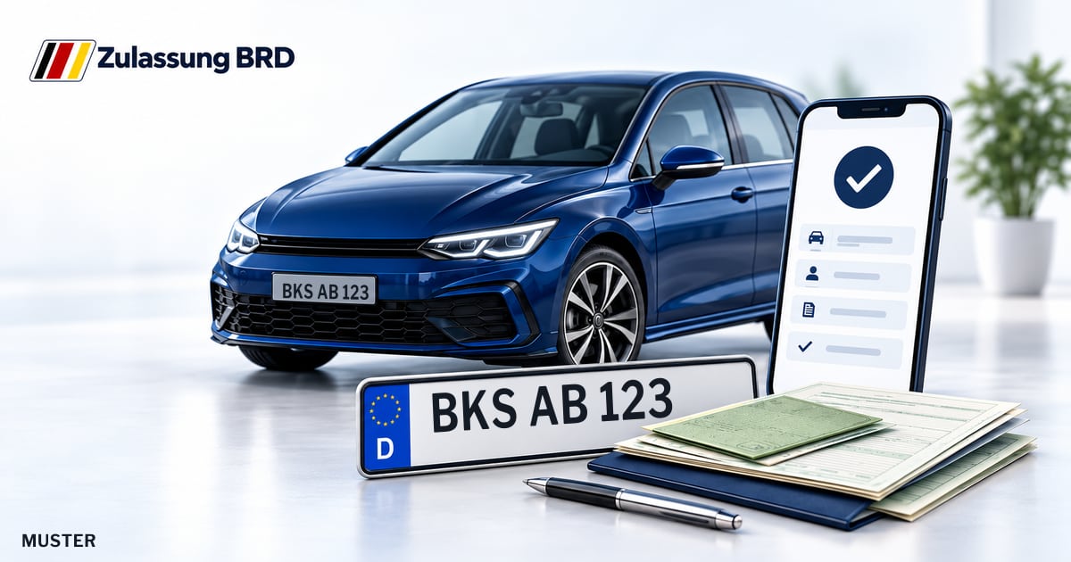 Online Fahrzeugzulassung in Bernkastel-Kues: Musterkennzeichen BKS AB 123, Auto und Fahrzeugpapiere und Smartphone. Illustration mit Logo von Zulassung BRD.